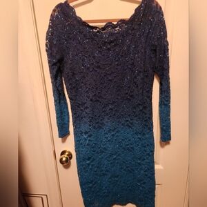 Elegant Blue Lace Dress, Open Shoulders Size 14